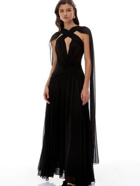 Black Maxi Dress with Dramatic Sheer Capelet